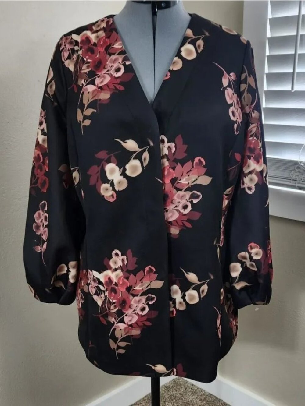 Alfani Women's L Floral Scuba Blazer Black Floral Collarless Balloon Sleeve